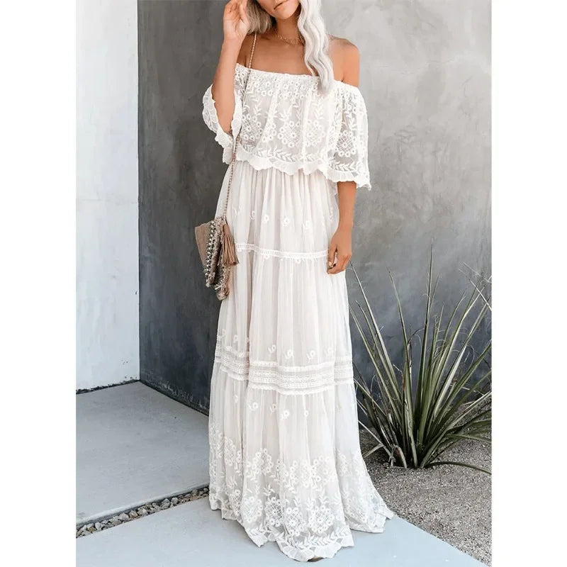 Dames Maxi Jurk – Off-Shoulder – Bohemian Stijl – Gelaagde Rok – Kantdetails