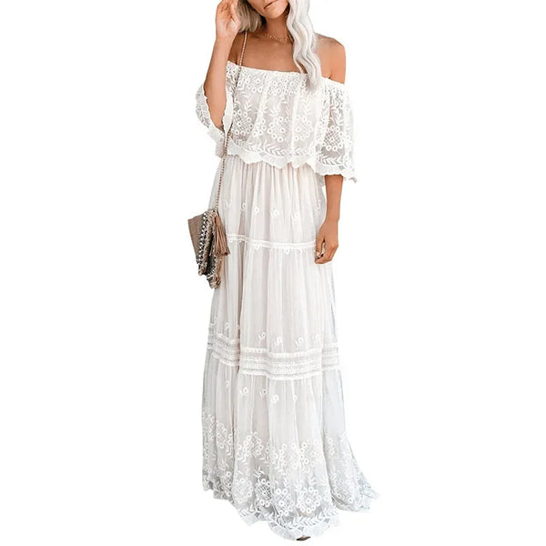 Dames Maxi Jurk – Off-Shoulder – Bohemian Stijl – Gelaagde Rok – Kantdetails