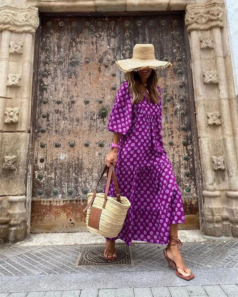 Dames Maxi Jurk - V-Hals - Pofmouwen - Polkadot Print - Luchtige Losse Pasvorm