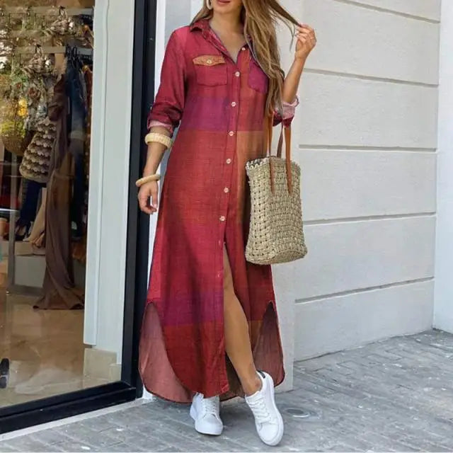 Dames Spijkerjurk – Lange Pasvorm – Knoopsluiting – Zijsplitten – Shirtkraag – Casual