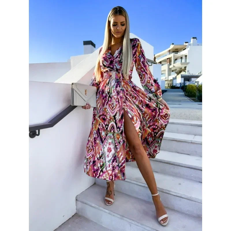 Dames Maxi Jurk – V-hals – Lange Mouwen – Bloemenprint – Hoge Split – Getailleerd Model