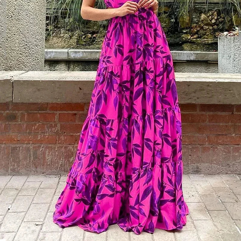 Dames Maxi Jurk – Vrouwelijk Model – Ruche Mouwen – Bladprint – Getailleerd en Gelaagd