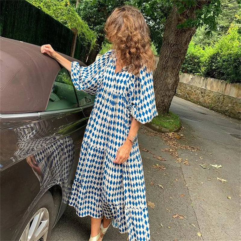 Dames Maxi Jurk - V-Hals - Pofmouwen - Polkadot Print - Luchtige Losse Pasvorm