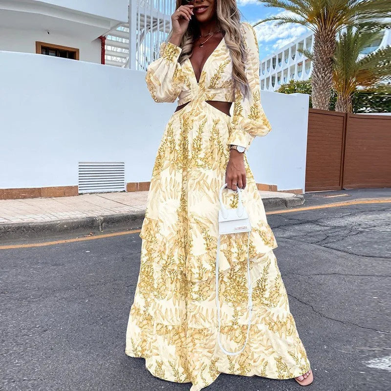 Dames Maxi Jurk - V-Hals - Lange Mouwen - Cut-Out Taille - Botanische Print - Luchtig