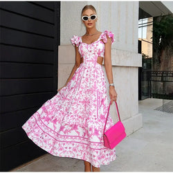 Dames Midi Jurk - Fit & Flare - Ruches Mouw - Cut-Out Taille - Sweetheart Halslijn