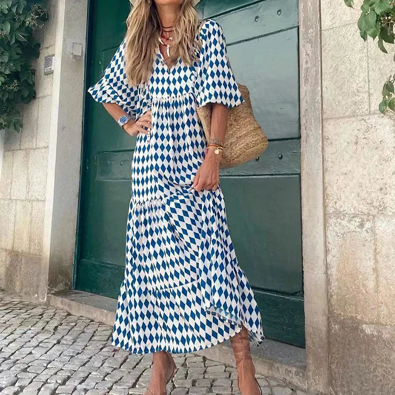 Dames Maxi Jurk - V-Hals - Pofmouwen - Polkadot Print - Luchtige Losse Pasvorm