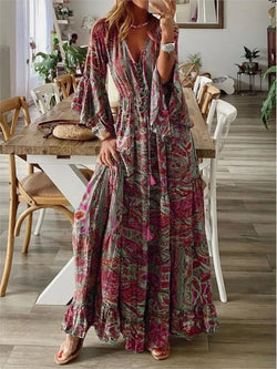 Dames Maxi Jurk - V-hals - Lange Wijde Mouwen - Rucheszoom - Bohemian Stijl