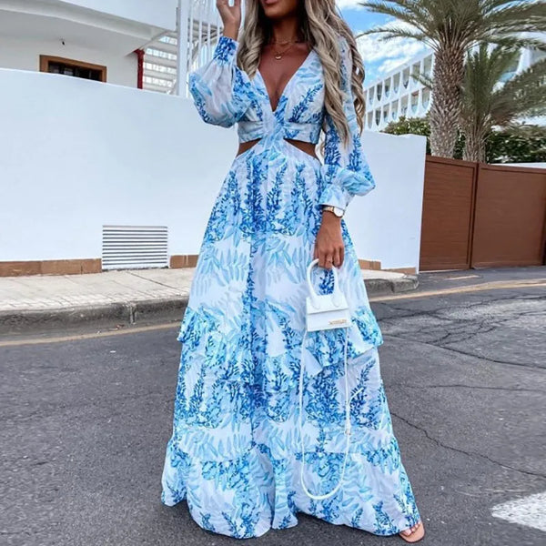 Dames Maxi Jurk - V-Hals - Lange Mouwen - Cut-Out Taille - Botanische Print - Luchtig
