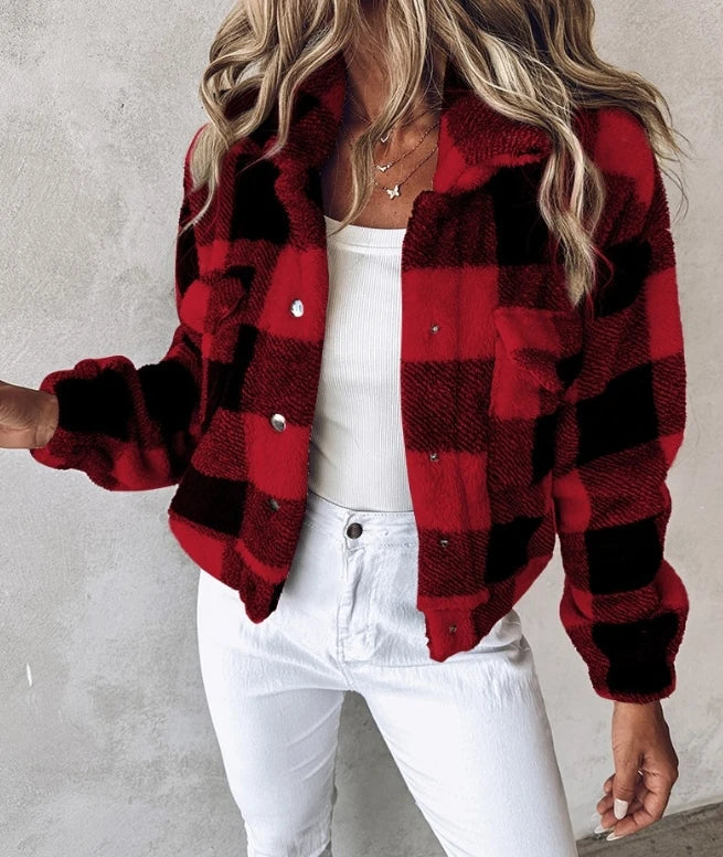 Dames Sherpa Jas – Geruit – Oversized Fit – Knopen – Zachte Warme Stof
