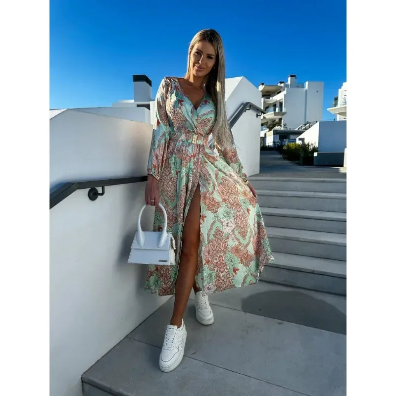 Dames Maxi Jurk – V-hals – Lange Mouwen – Bloemenprint – Hoge Split – Getailleerd Model