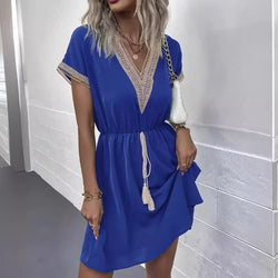 Dames Jurk – Korte Mouw – V-Hals met Kant – Taille met Koord – Luchtig en Casual