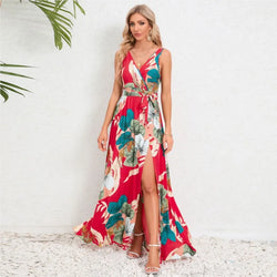 Dames Maxi Jurk - V-Hals - Mouwloos - Bloemenprint - Splitrok - Geaccentueerde Taille