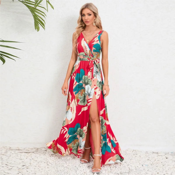 Dames Maxi Jurk - V-Hals - Mouwloos - Bloemenprint - Splitrok - Geaccentueerde Taille