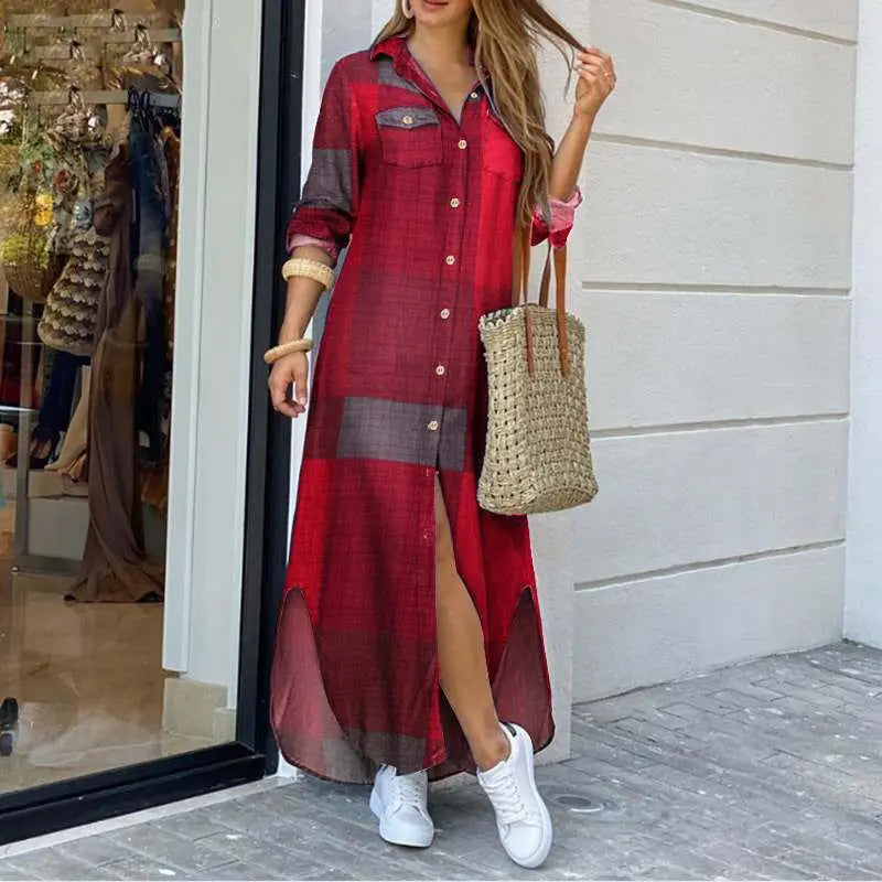Dames Spijkerjurk – Lange Pasvorm – Knoopsluiting – Zijsplitten – Shirtkraag – Casual