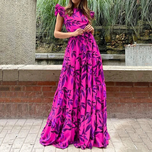 Dames Maxi Jurk – Vrouwelijk Model – Ruche Mouwen – Bladprint – Getailleerd en Gelaagd