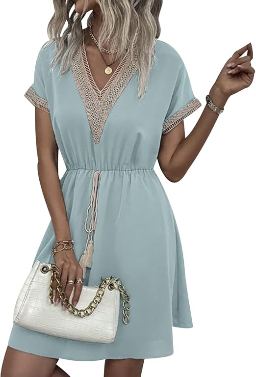 Dames Jurk – Korte Mouw – V-Hals met Kant – Taille met Koord – Luchtig en Casual